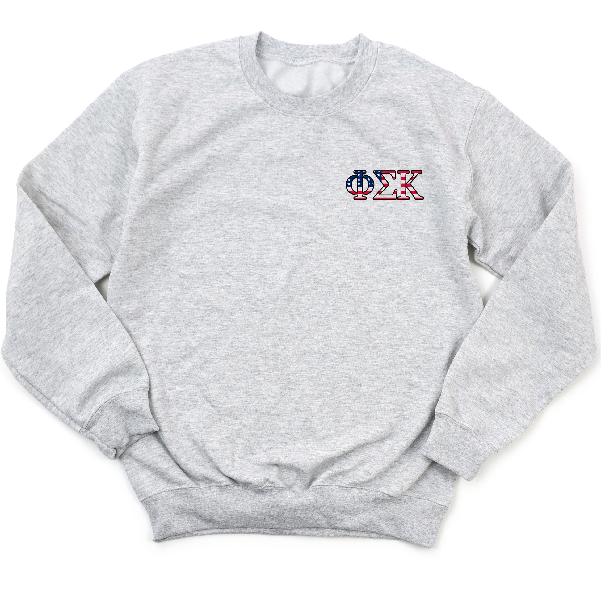 a grey sweatshirt with a red, white, and blue logo