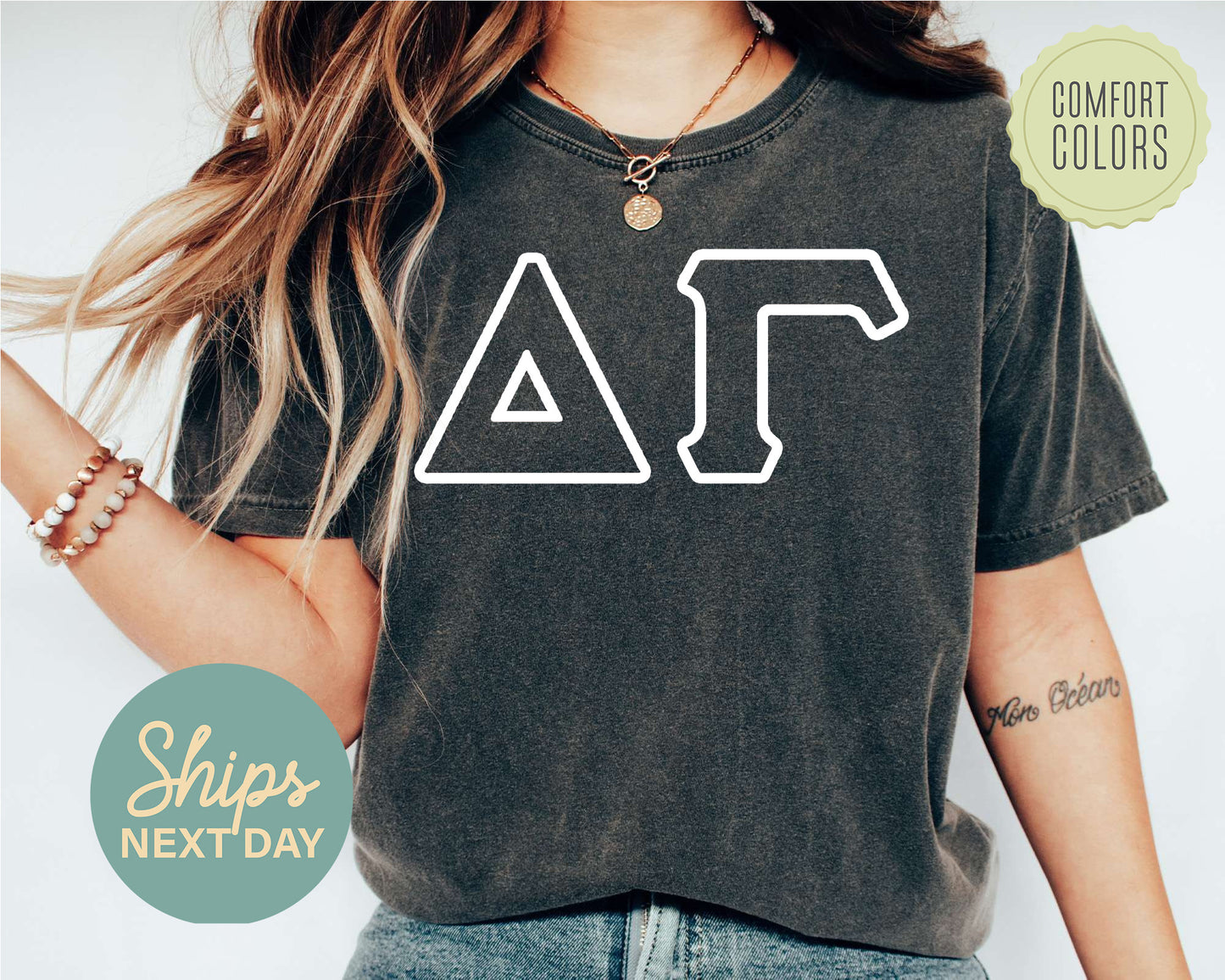 Delta Gamma White Letter Outline Comfort Colors Sorority T-shirt _ 30802g