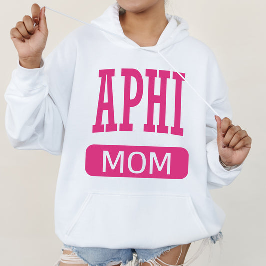 a woman wearing a white hoodie with the words aphi mom printed on it