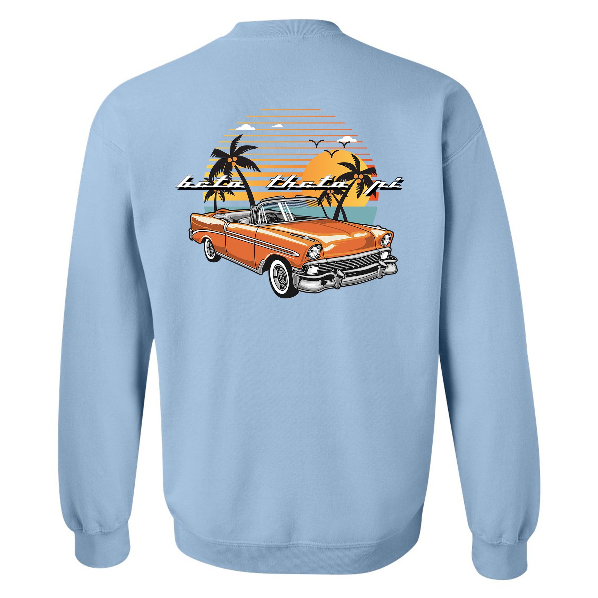 a blue sweatshirt with an orange car and palm trees