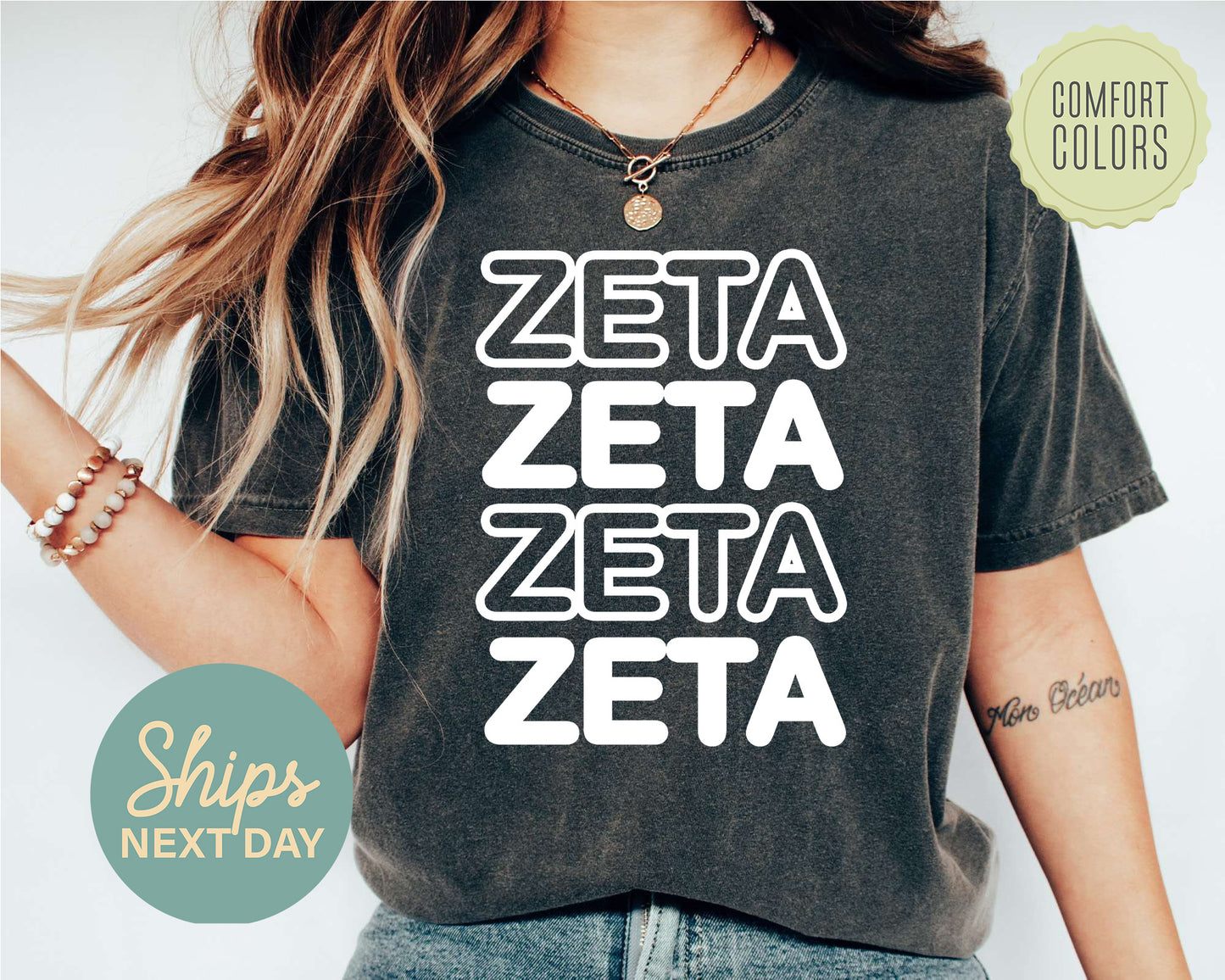 Zeta Tau Alpha Bold Bubble Letter Comfort Colors Sorority T-shirt _ 2237g