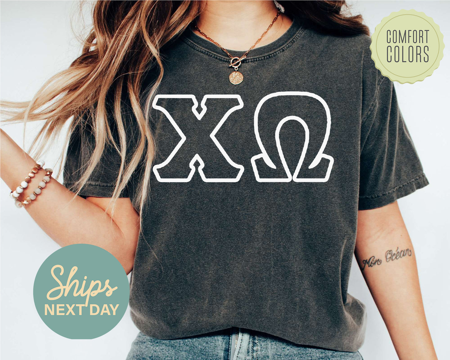 Chi Omega White Letter Outline Comfort Colors Sorority T-shirt _ 30800g