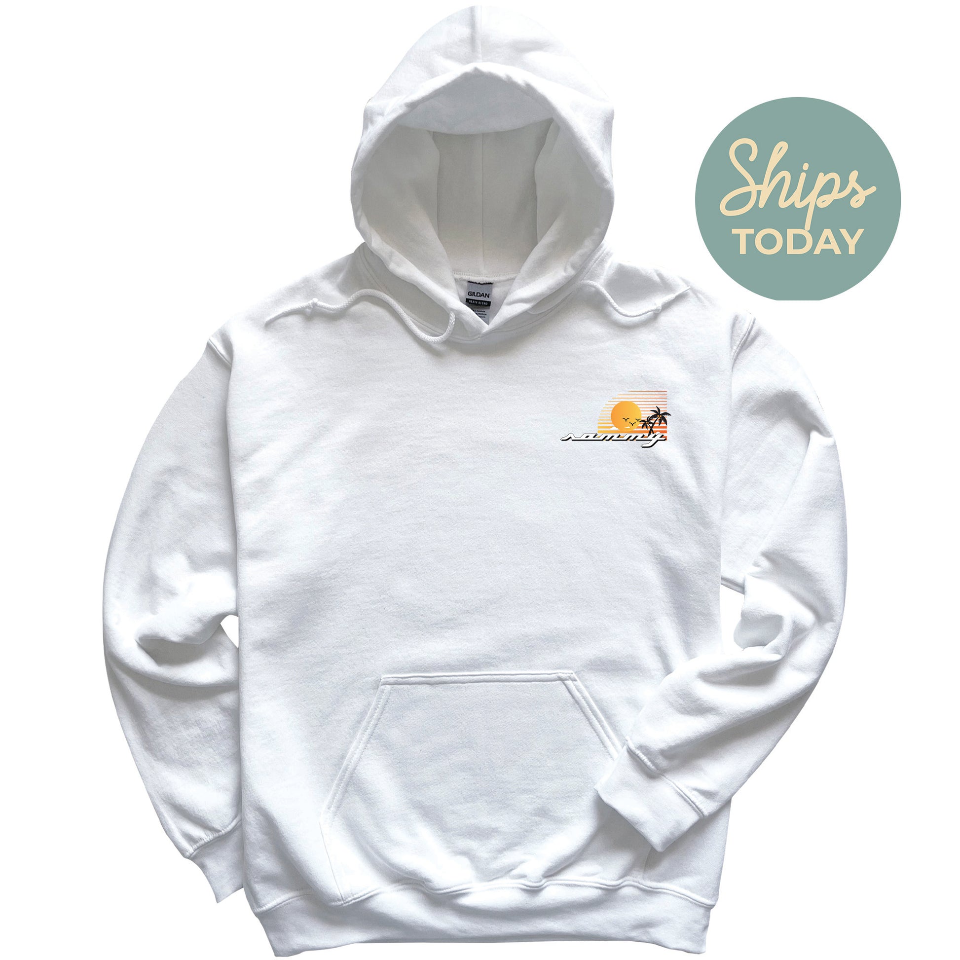 a white hoodie with the words ships today on it