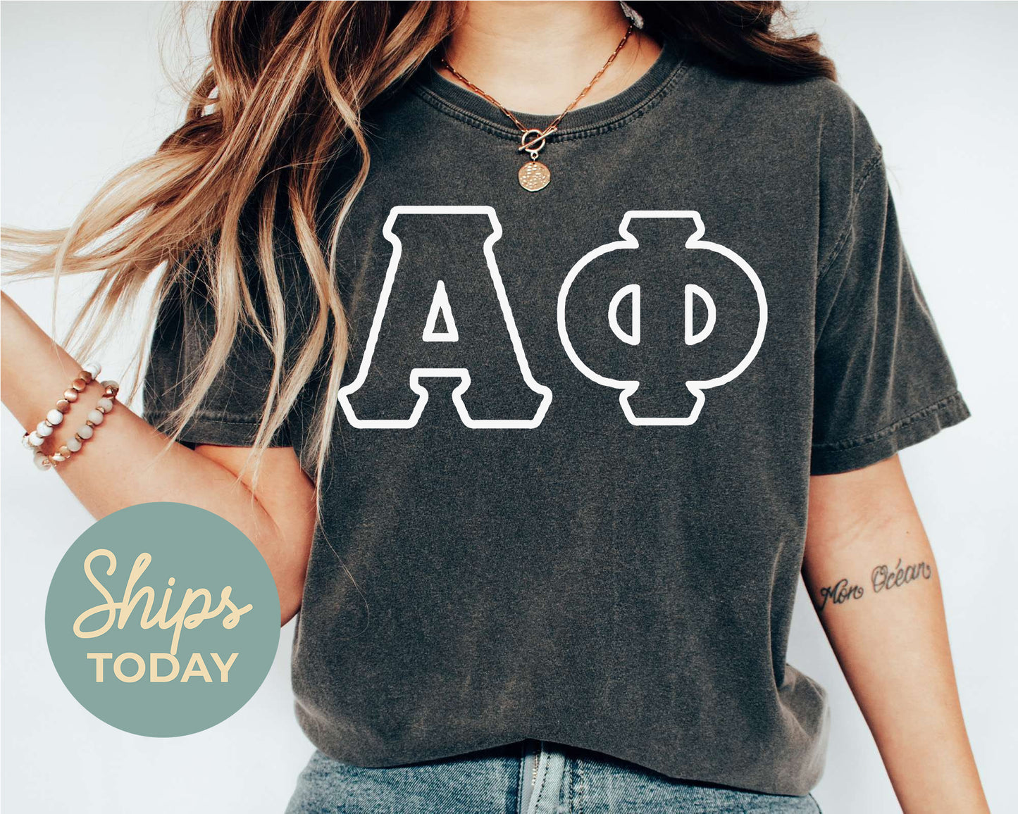 Alpha Phi White Letter Outline Sorority T-shirt _ 30796g