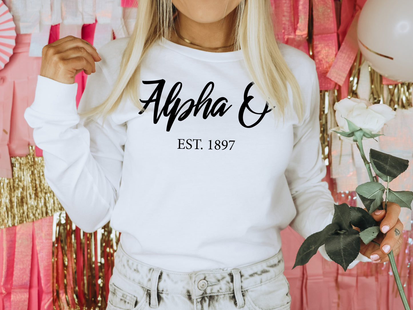 Alpha Omicron Pi Black Flowy Sorority Long Sleeve T-shirt _ 81g