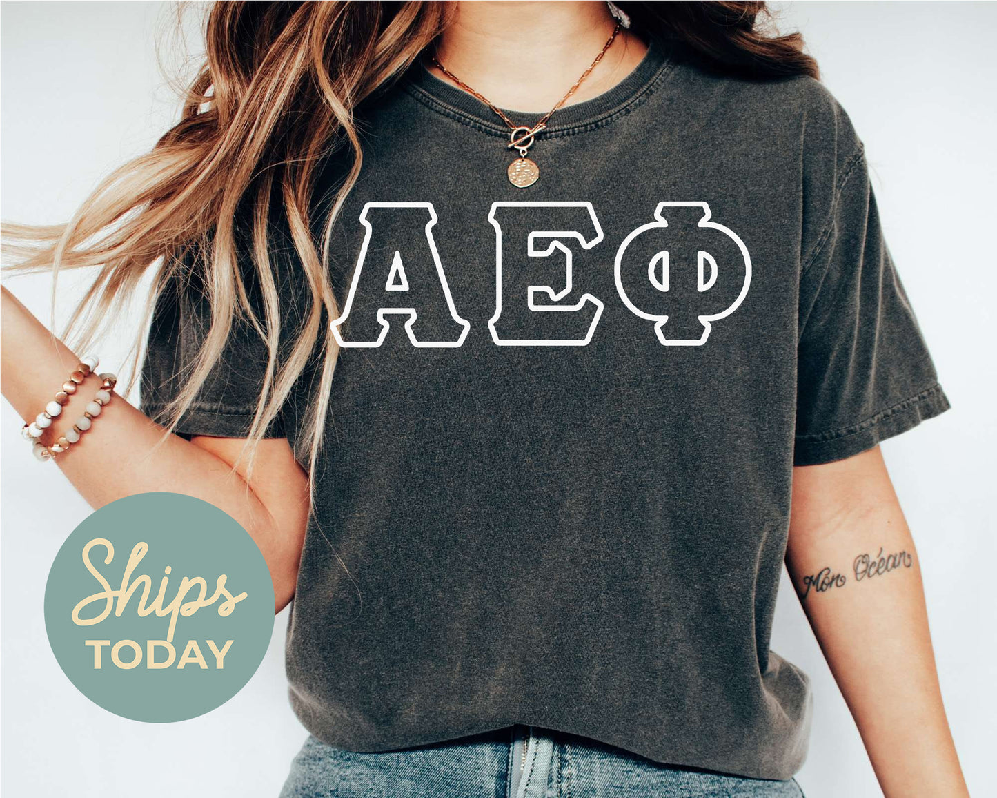 Alpha Epsilon Phi White Letter Outline Sorority T-shirt _ 30793g