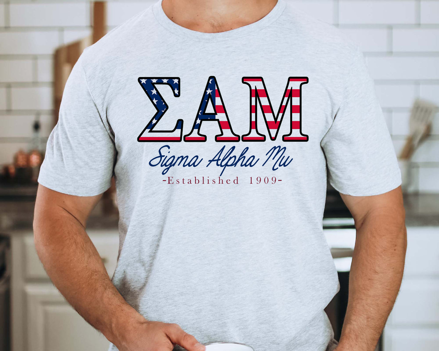 Sigma Alpha Mu American Flag Letters Fraternity T-shirt _ 1174g