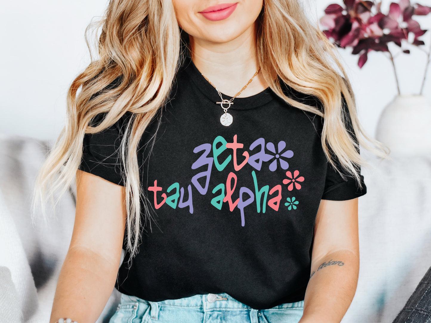Zeta Tau Alpha Colorful Floral Sorority T-shirt _ 2628g