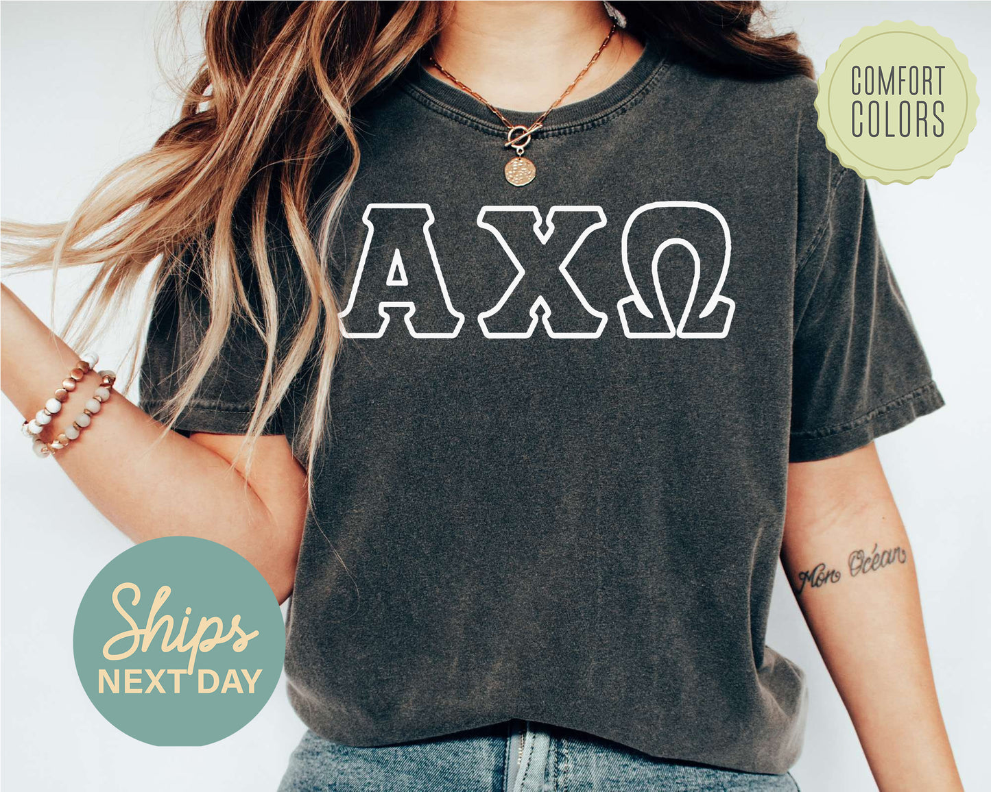 Alpha Chi Omega White Letter Outline Comfort Colors Sorority T-shirt _ 30791g