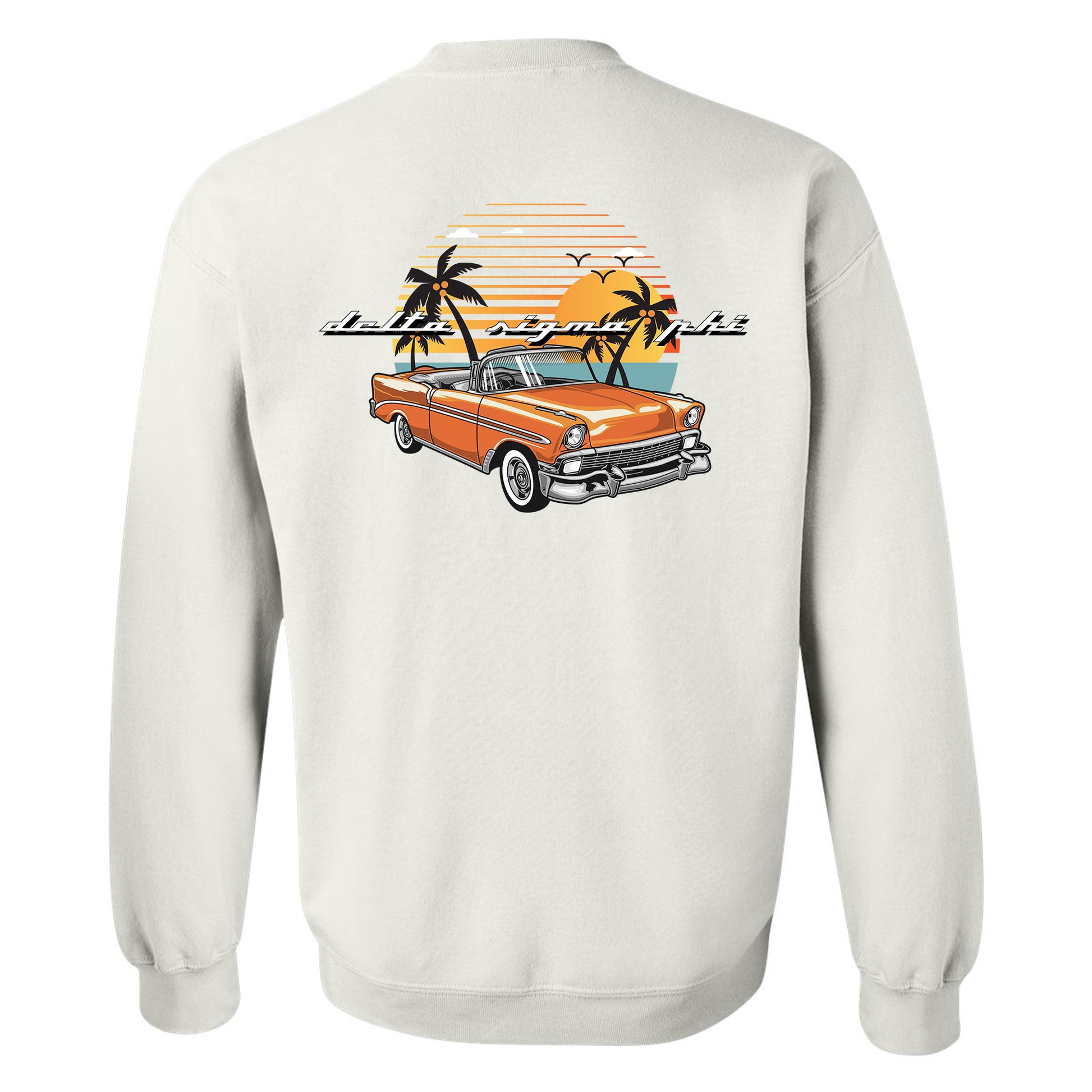 a white sweatshirt with an orange car and palm trees