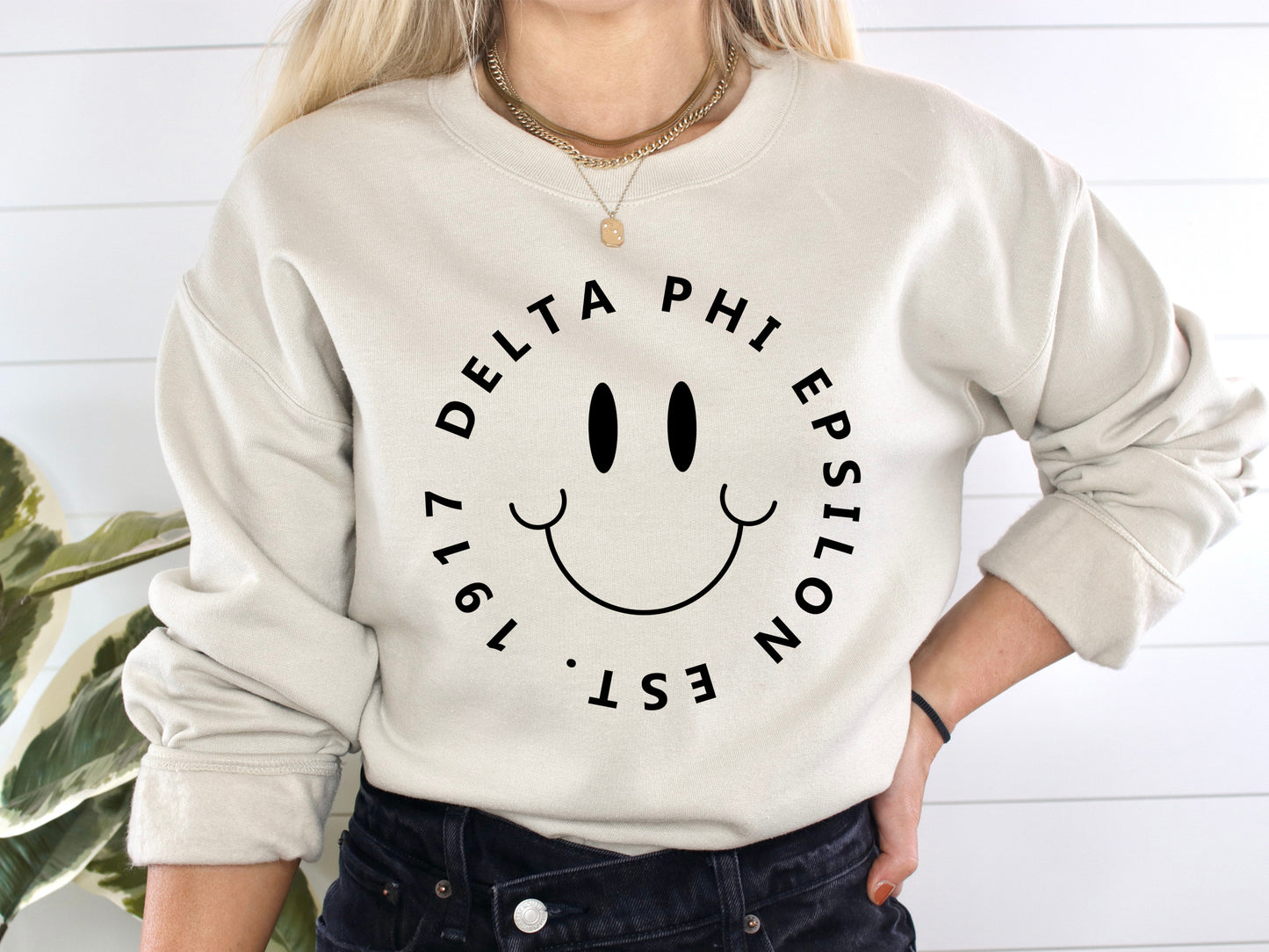 Delta Phi Epsilon Smiley Face Halo Sorority Sweatshirt _ 2511g