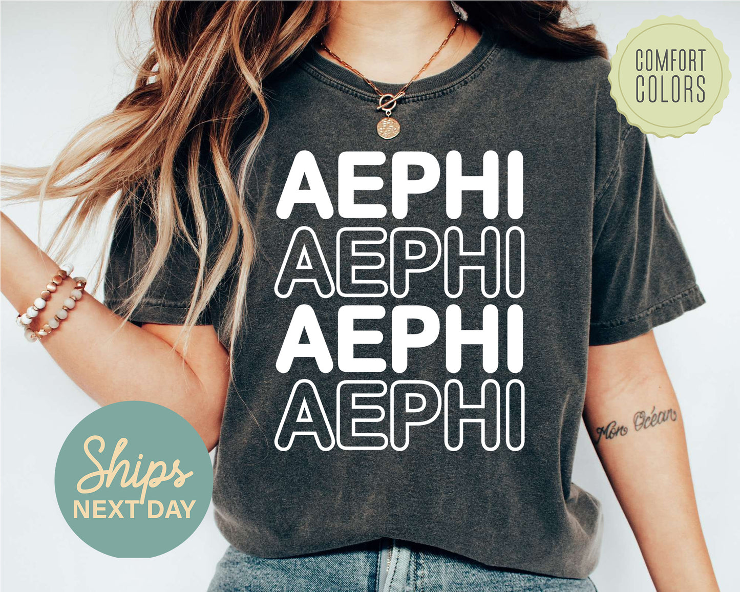 Alpha Epsilon Phi Bold Bubble Letter Comfort Colors Sorority T-shirt _ 2214g