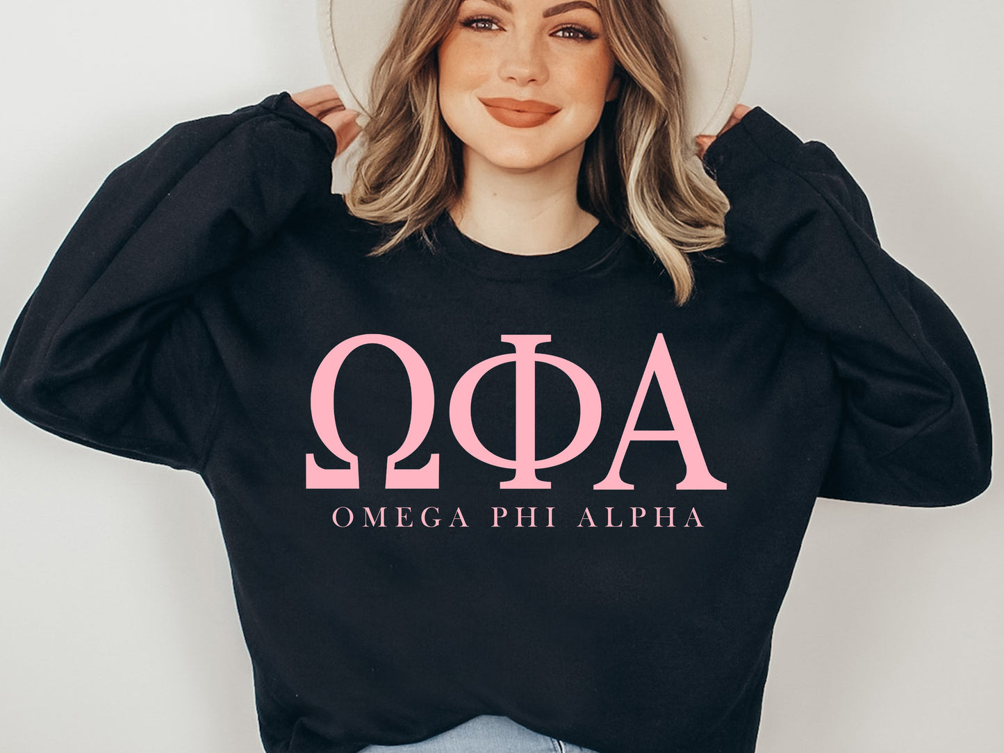 Omega Phi Alpha Pink Letter Sorority Sweatshirt _ 3488g