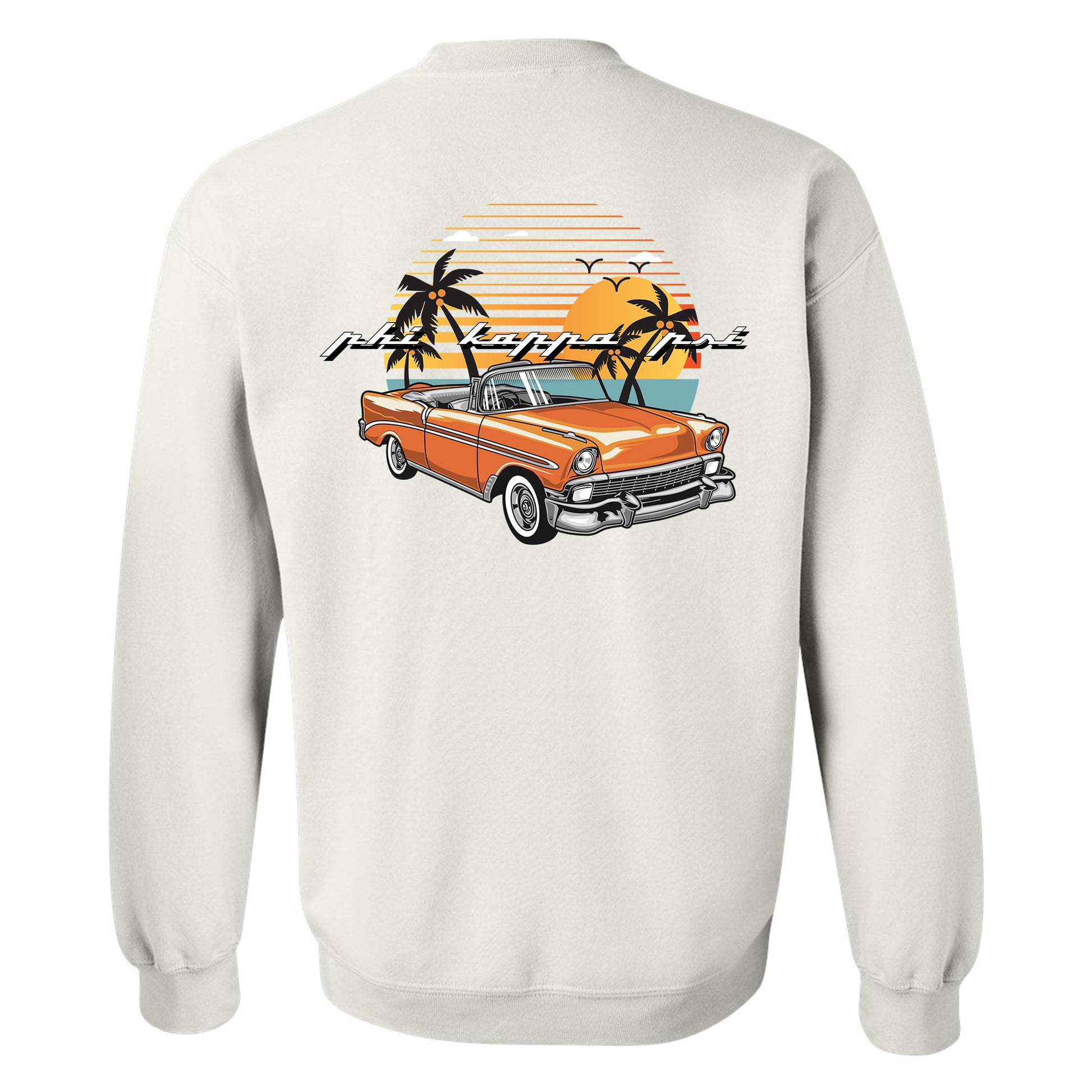 a white sweatshirt with an orange car and palm trees