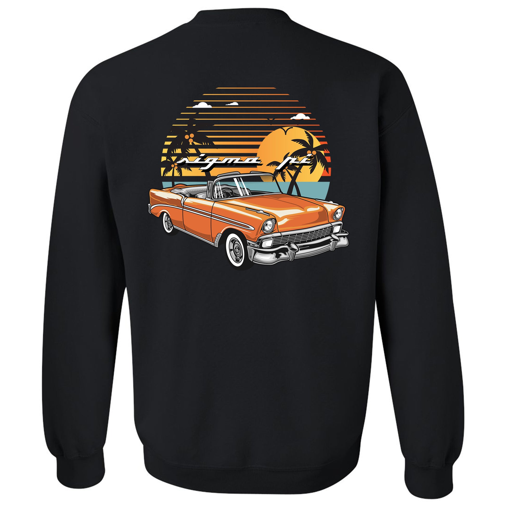 a black sweatshirt with an orange car on it