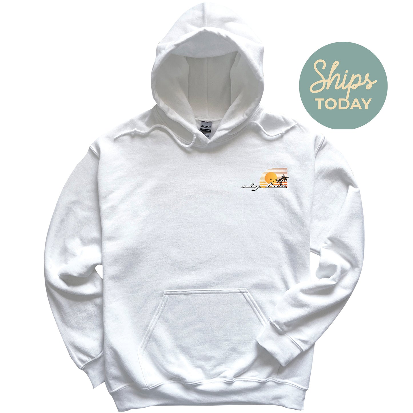 a white hoodie with the words ships today on it