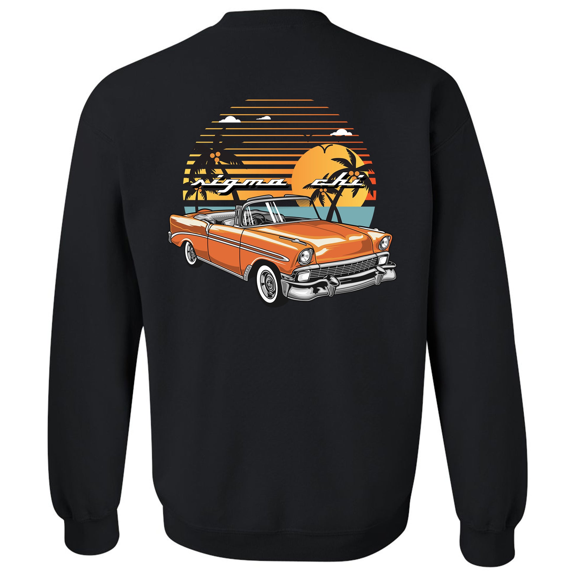 a black sweatshirt with an orange car and palm trees