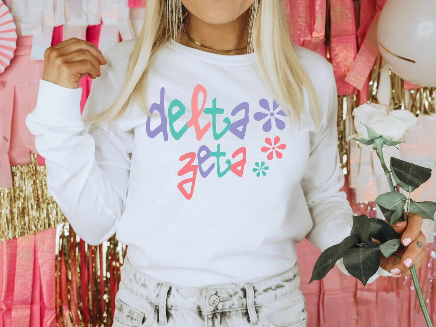 Delta Zeta Colorful Floral Sorority Long Sleeve T-shirt _ 2616g