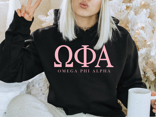 Omega Phi Alpha Pink Letter Sorority Hoodie _ 3488g