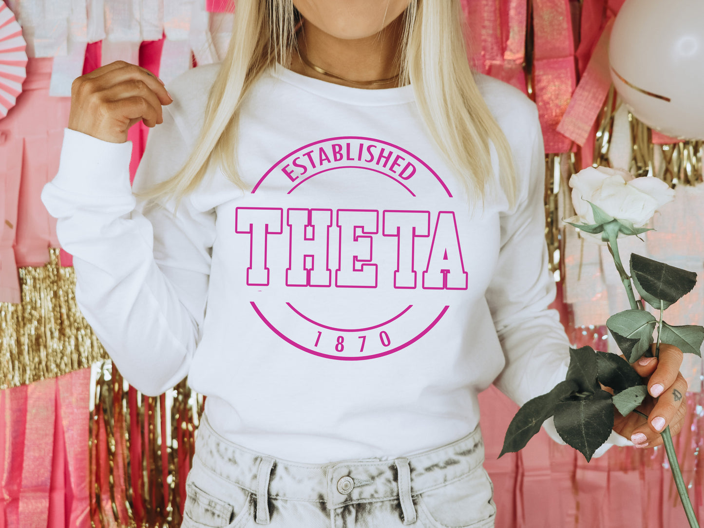 Kappa Alpha Theta Pink Stamp Sorority Long Sleeve T-shirt _ 66g