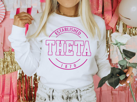 Kappa Alpha Theta Pink Stamp Sorority Long Sleeve T-shirt _ 66g