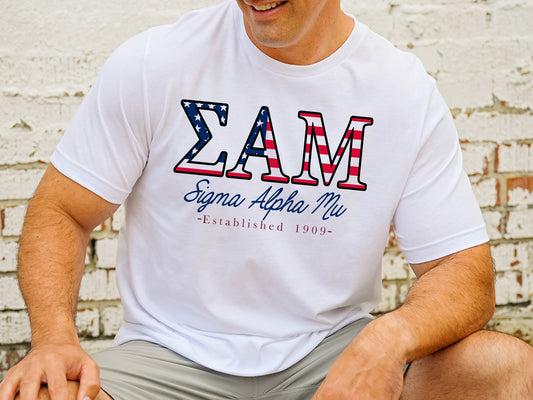 Sigma Alpha Mu American Flag Letters Fraternity T-shirt _ 1174g