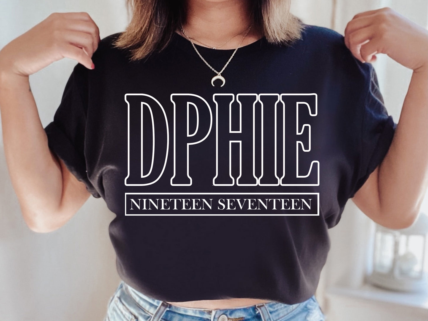Delta Phi Epsilon Stencil Stacked Sorority T-shirt _ 2146g