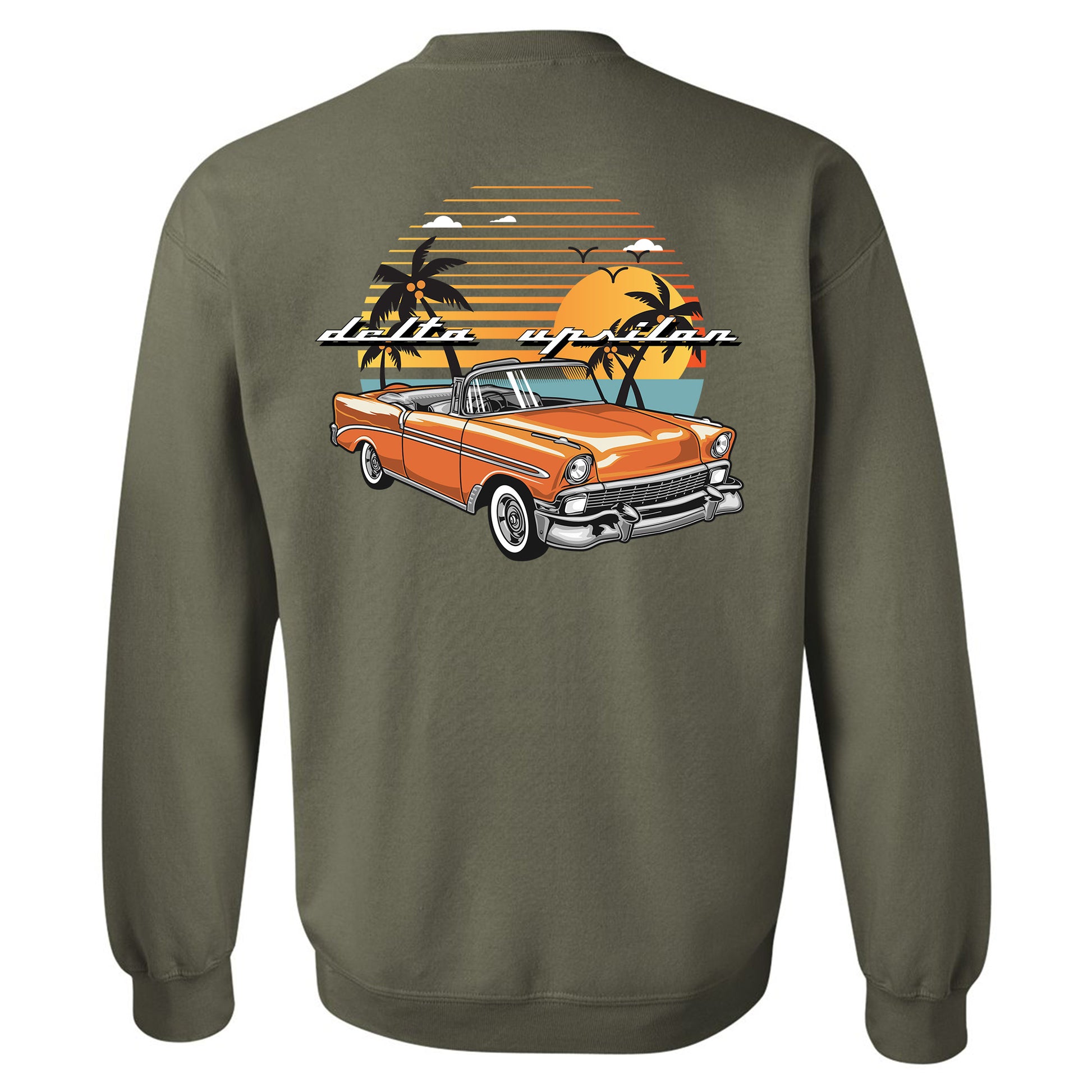 a green sweatshirt with an orange car and palm trees