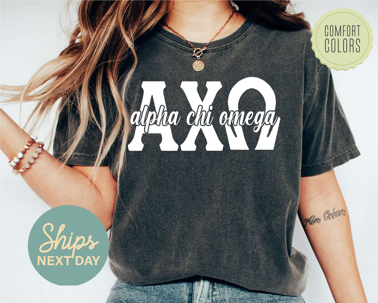 Alpha Chi Omega Sliced White Letters Comfort Colors Sorority T-shirt _ 2238g