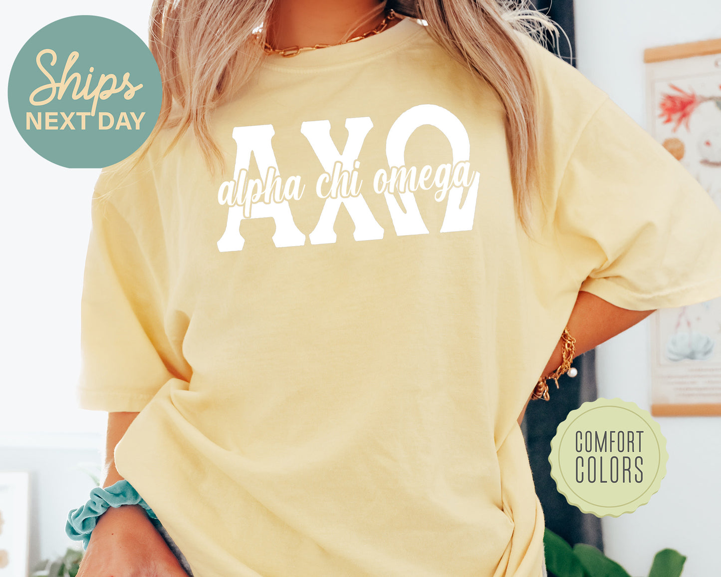 Alpha Chi Omega Sliced White Letters Comfort Colors Sorority T-shirt _ 2238g