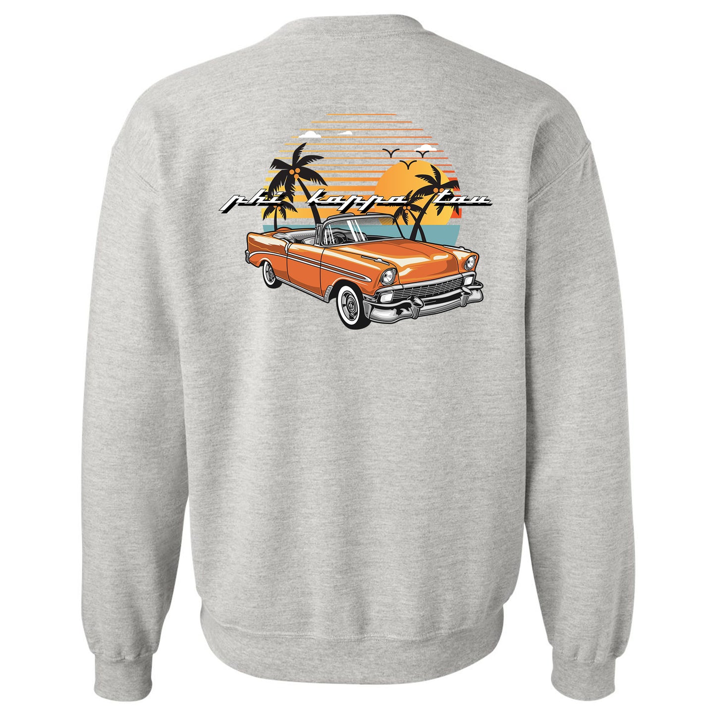 a grey sweatshirt with an orange truck and palm trees