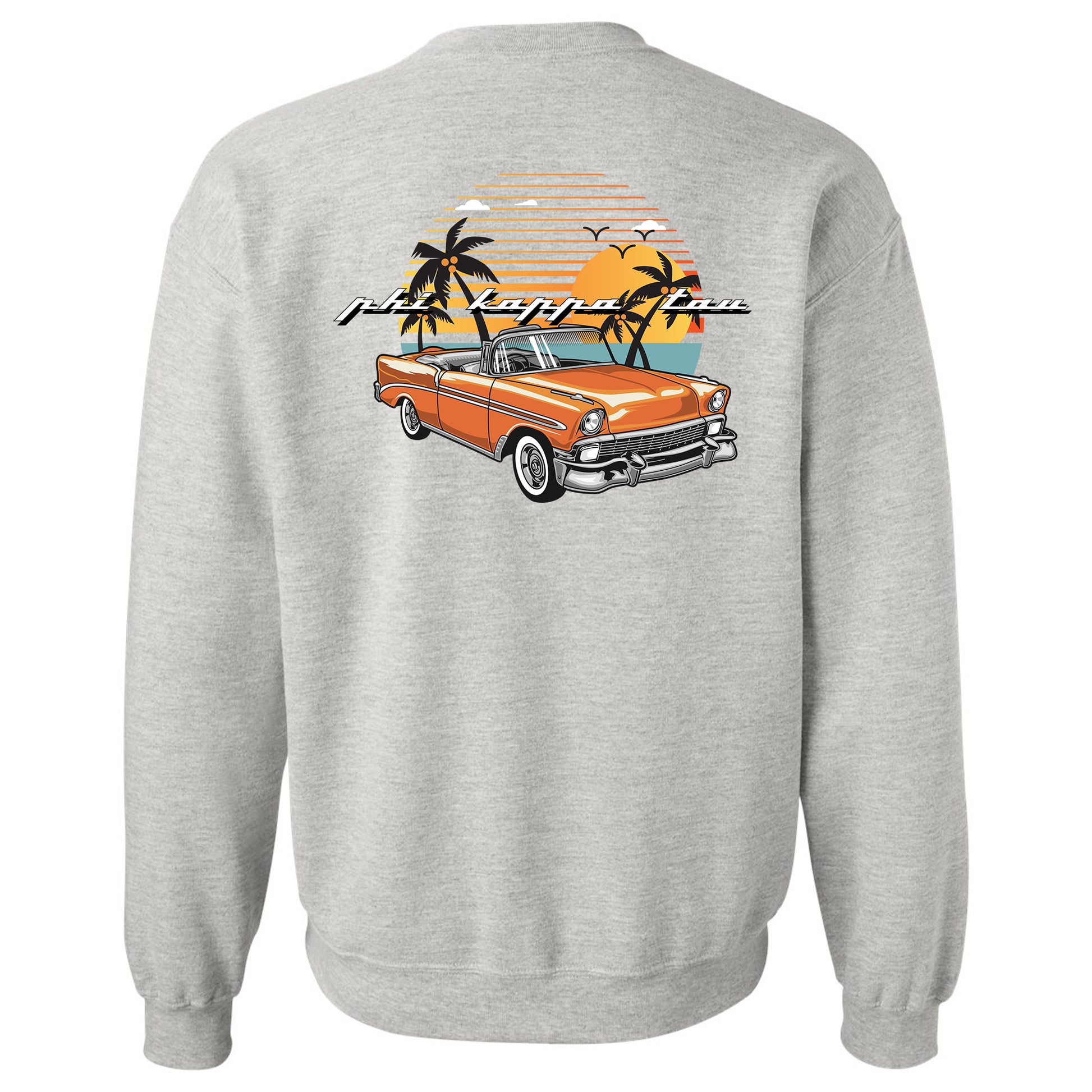 a grey sweatshirt with an orange truck and palm trees