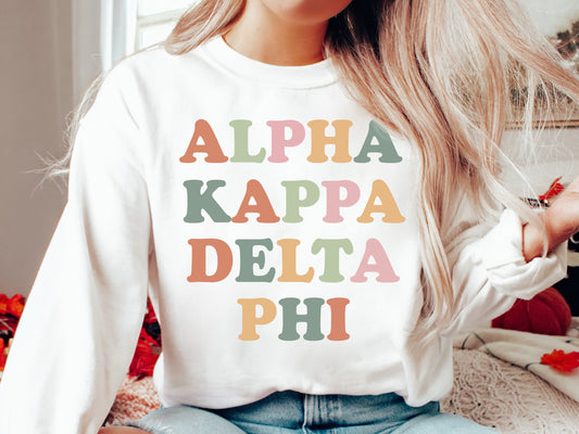 Alpha Kappa Delta Phi Bright and Colorful Sorority Sweatshirt _ 3467g