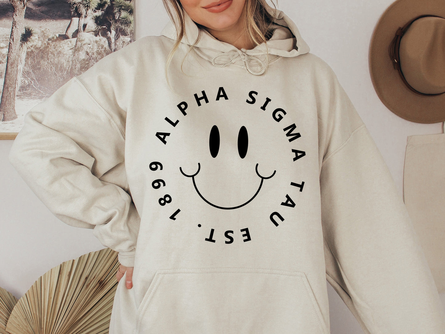 Alpha Sigma Tau Smiley Face Halo Sorority Hoodie _ 2506g