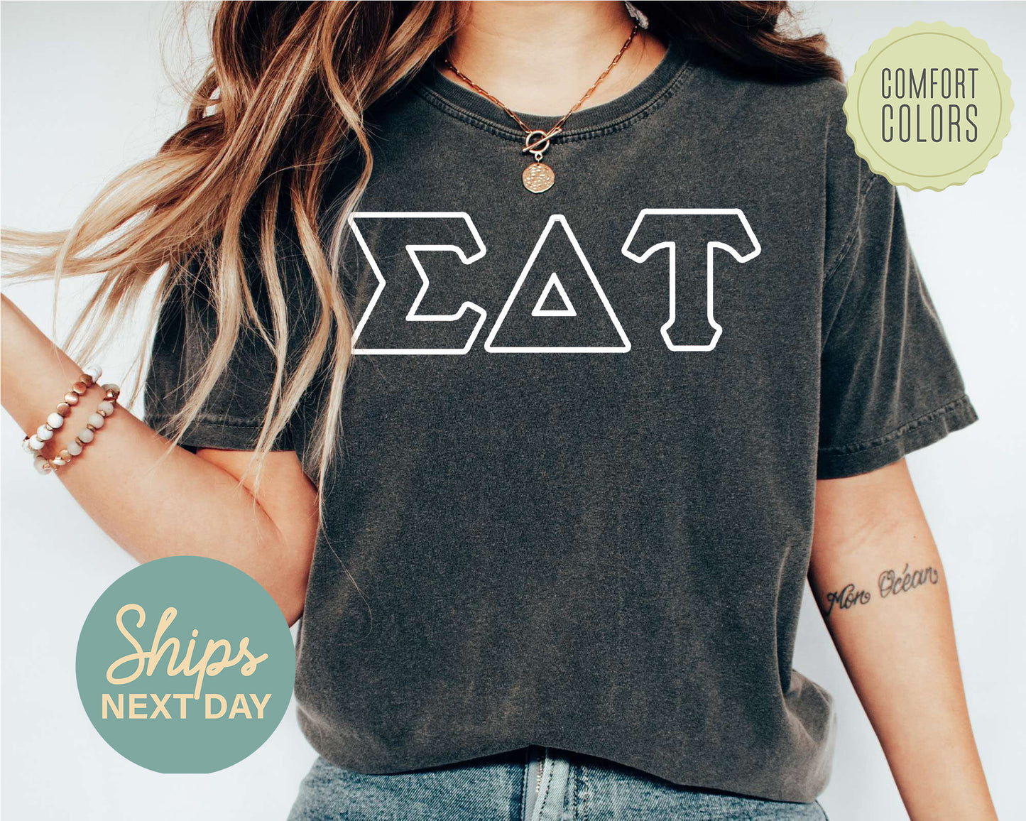 Sigma Delta Tau White Letter Outline Comfort Colors Sorority T-shirt _ 30812g