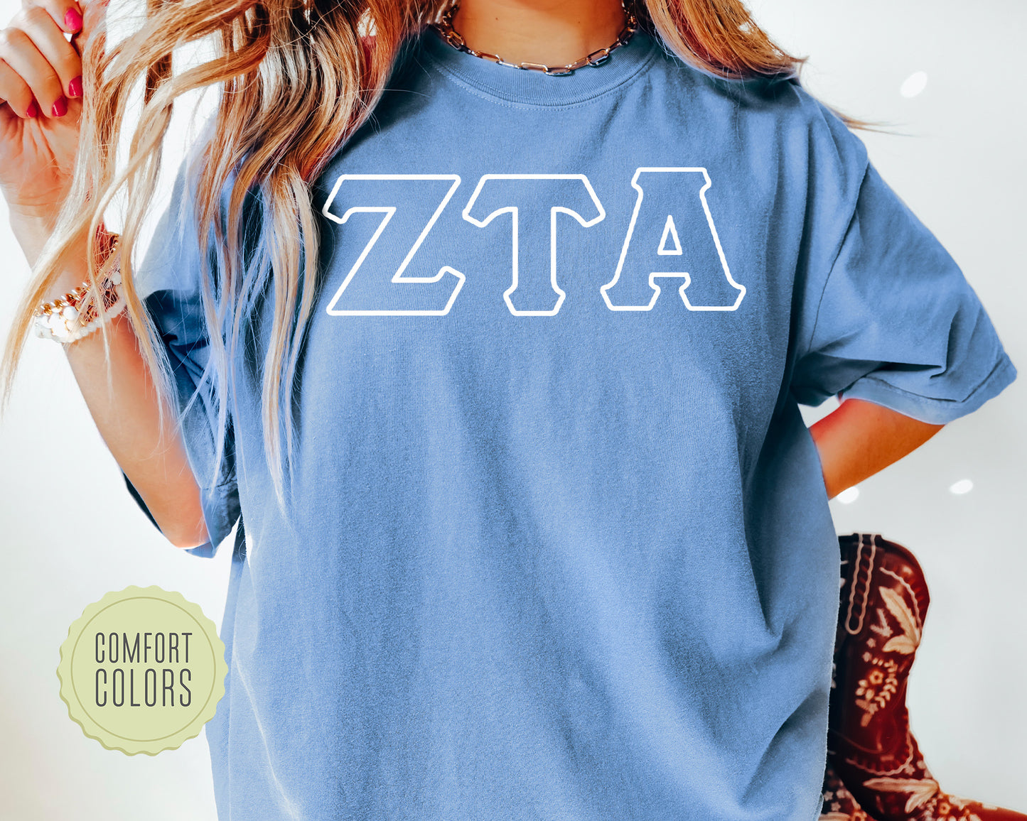 Zeta Tau Alpha White Letter Outline Comfort Colors Sorority T-shirt _ 30816g