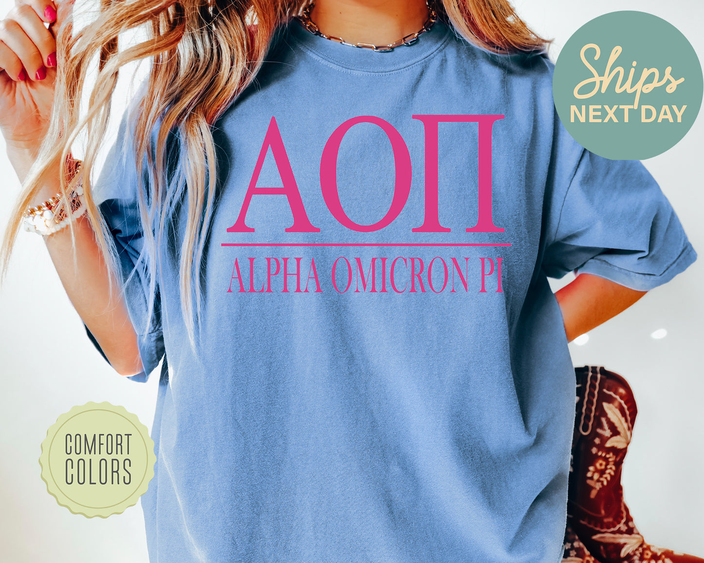 Alpha Omicron Pi Loud Letters Comfort Colors Sorority T-shirt _ 470g