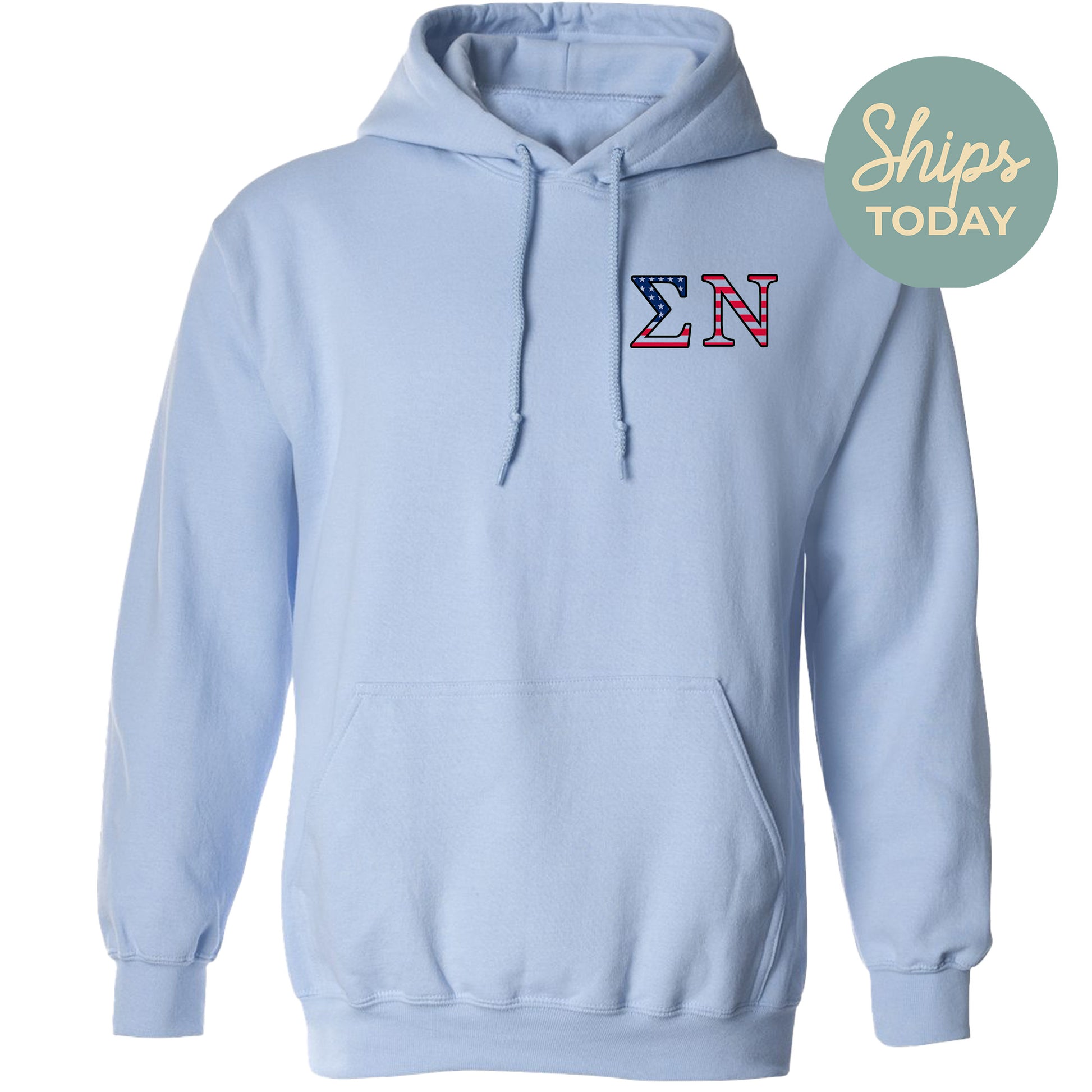a light blue hoodie with the letter k in red, white, and blue