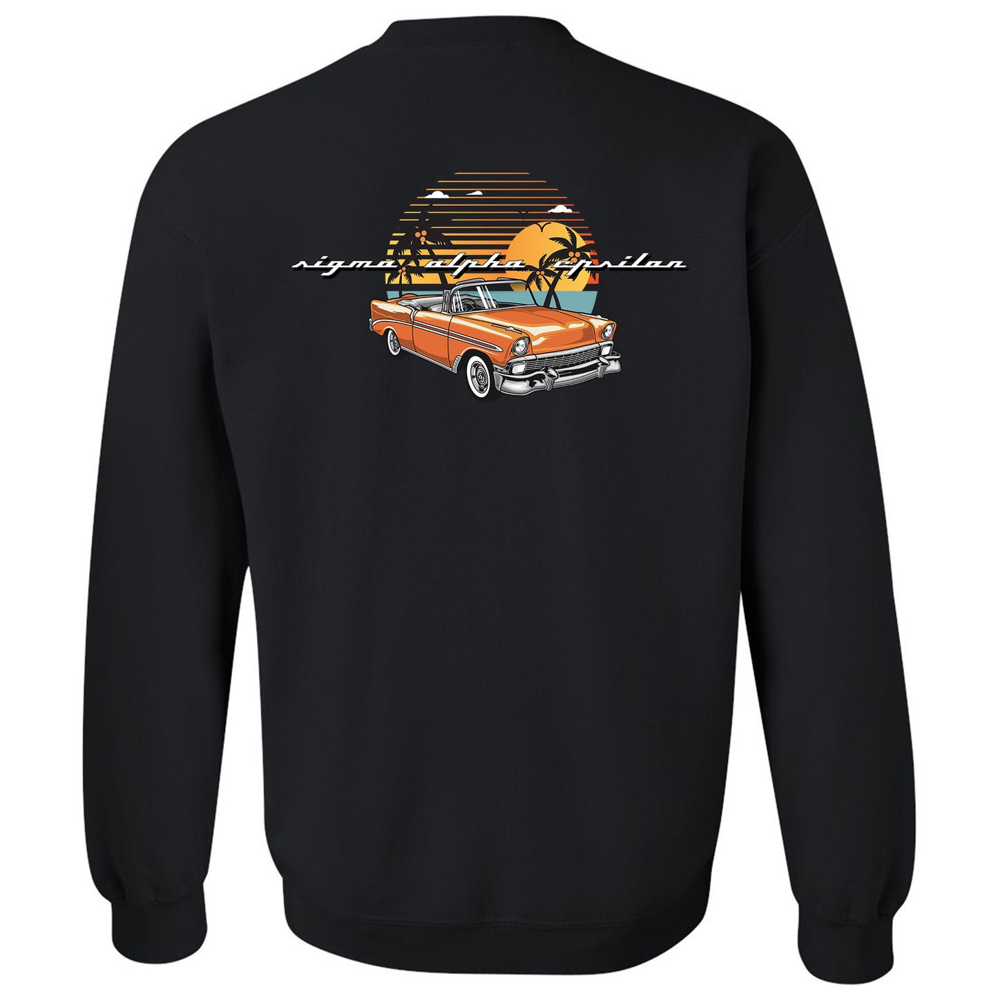a black sweatshirt with an orange car and palm trees
