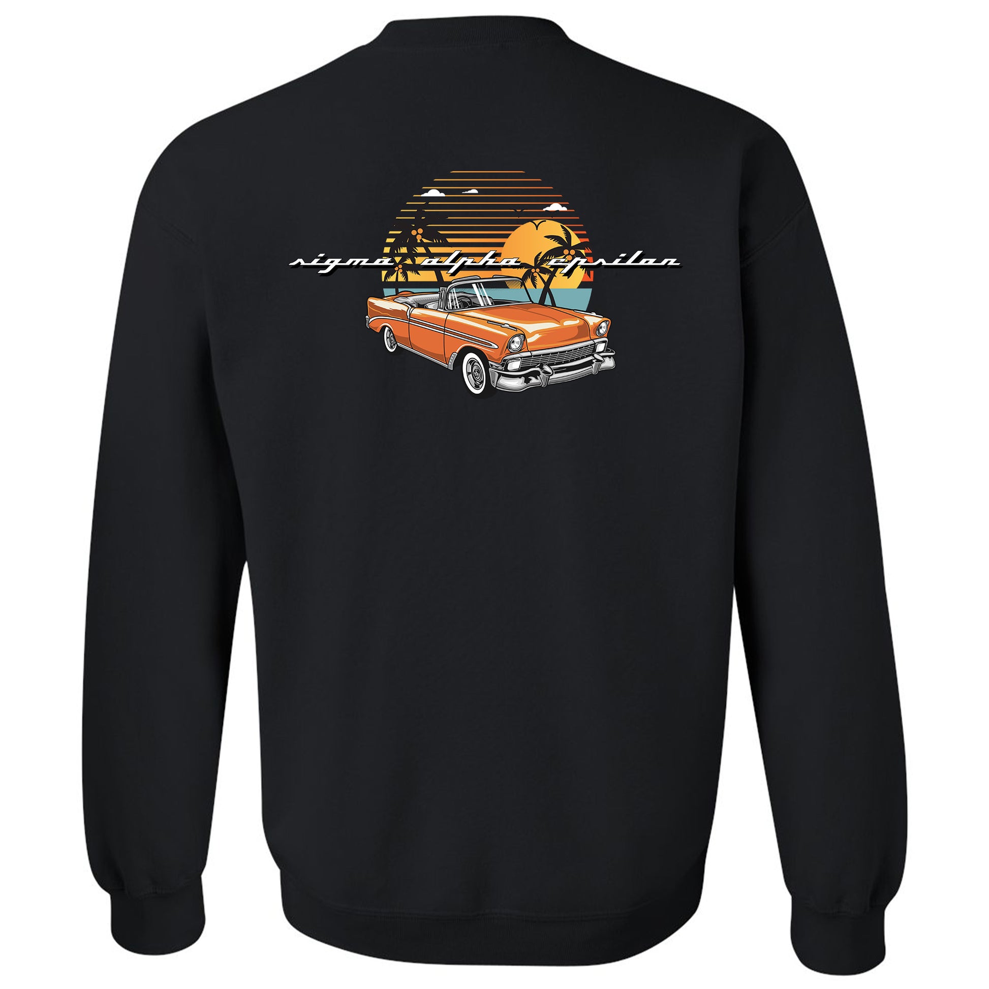 a black sweatshirt with an orange car and palm trees