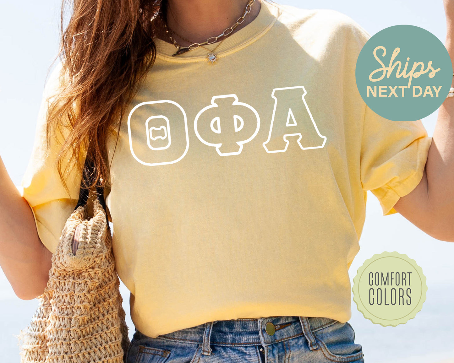 Theta Phi Alpha White Letter Outline Comfort Colors Sorority T-shirt _ 30815g