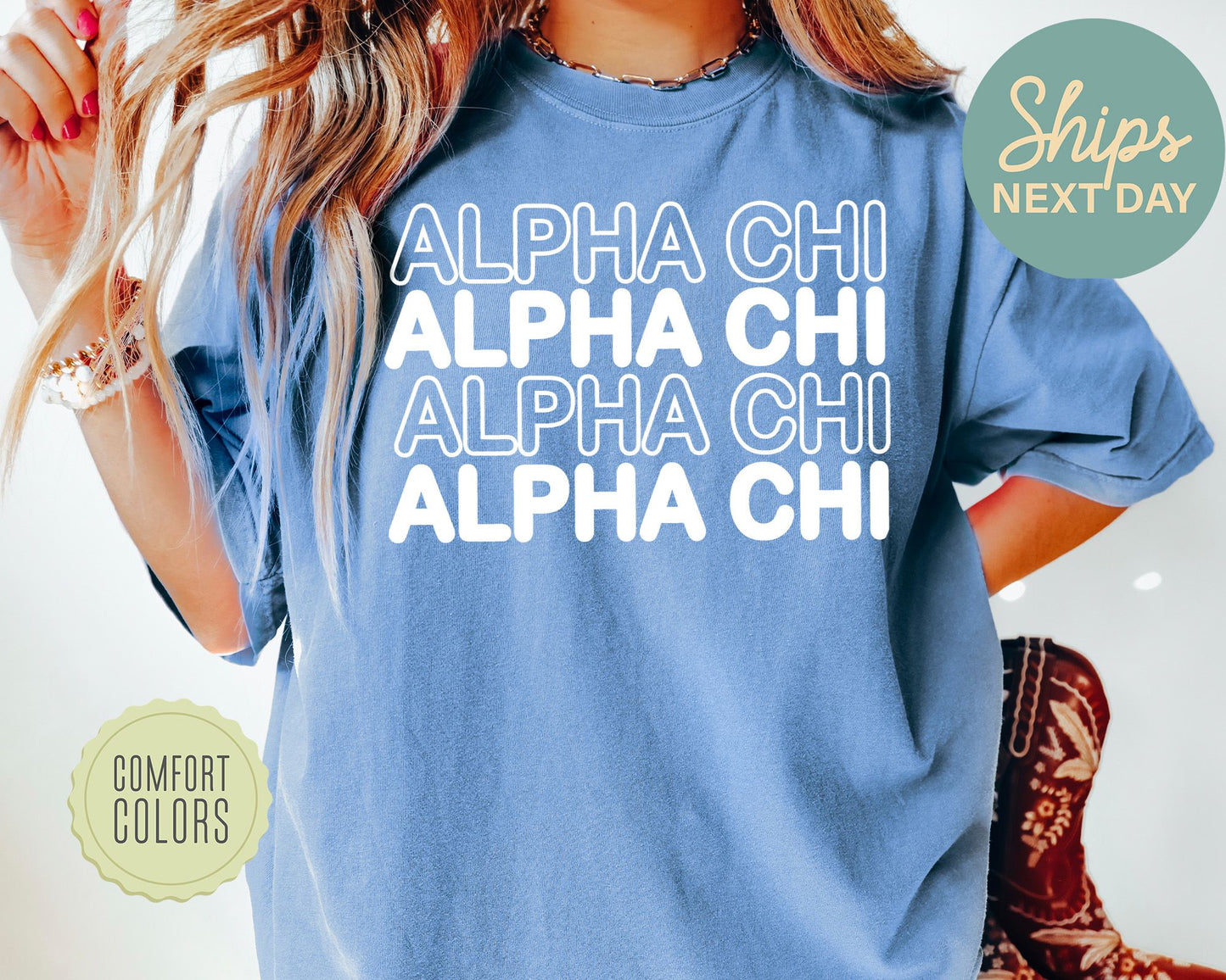 Alpha Chi Omega Bold Bubble Letter Comfort Colors Sorority T-shirt _ 2212g