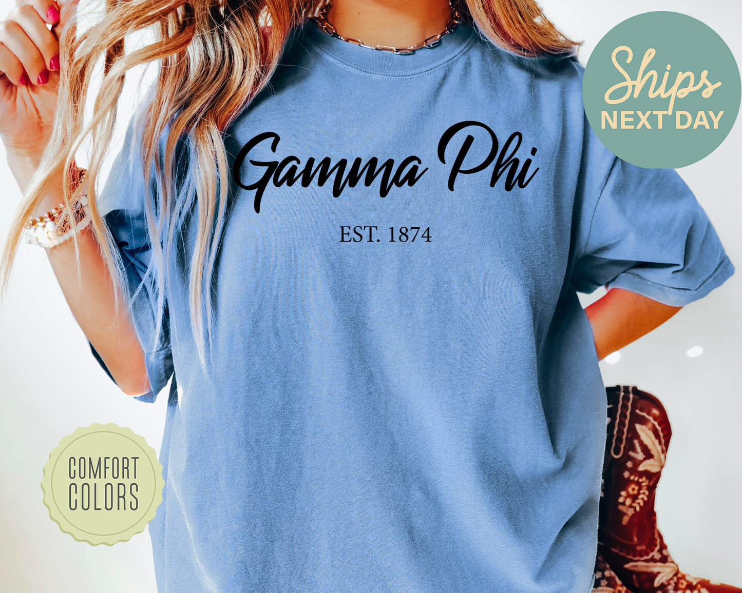 Gamma Phi Beta Black Flowy Comfort Colors Sorority T-shirt _ 91g