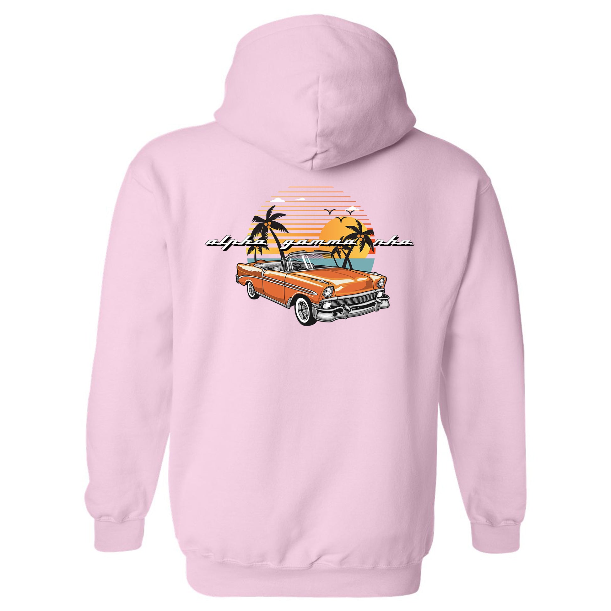 a pink hoodie with an orange car and palm trees