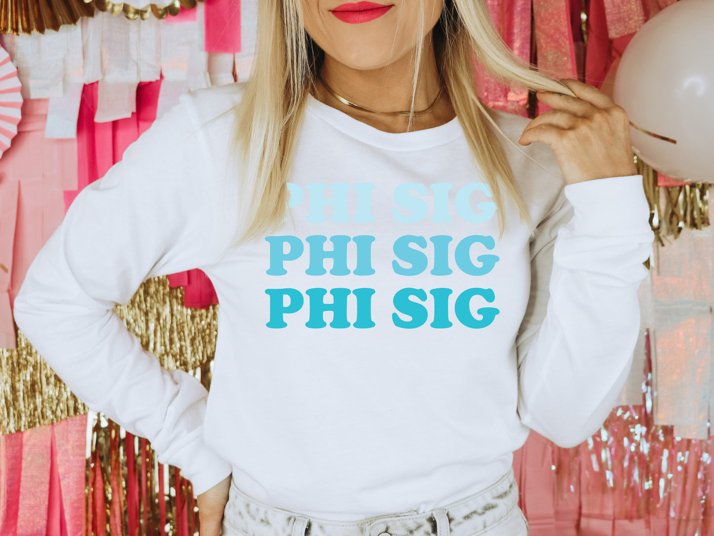 Phi Sigma Sigma Touch of Blue Sorority Long Sleeve T-shirt _ 2596g
