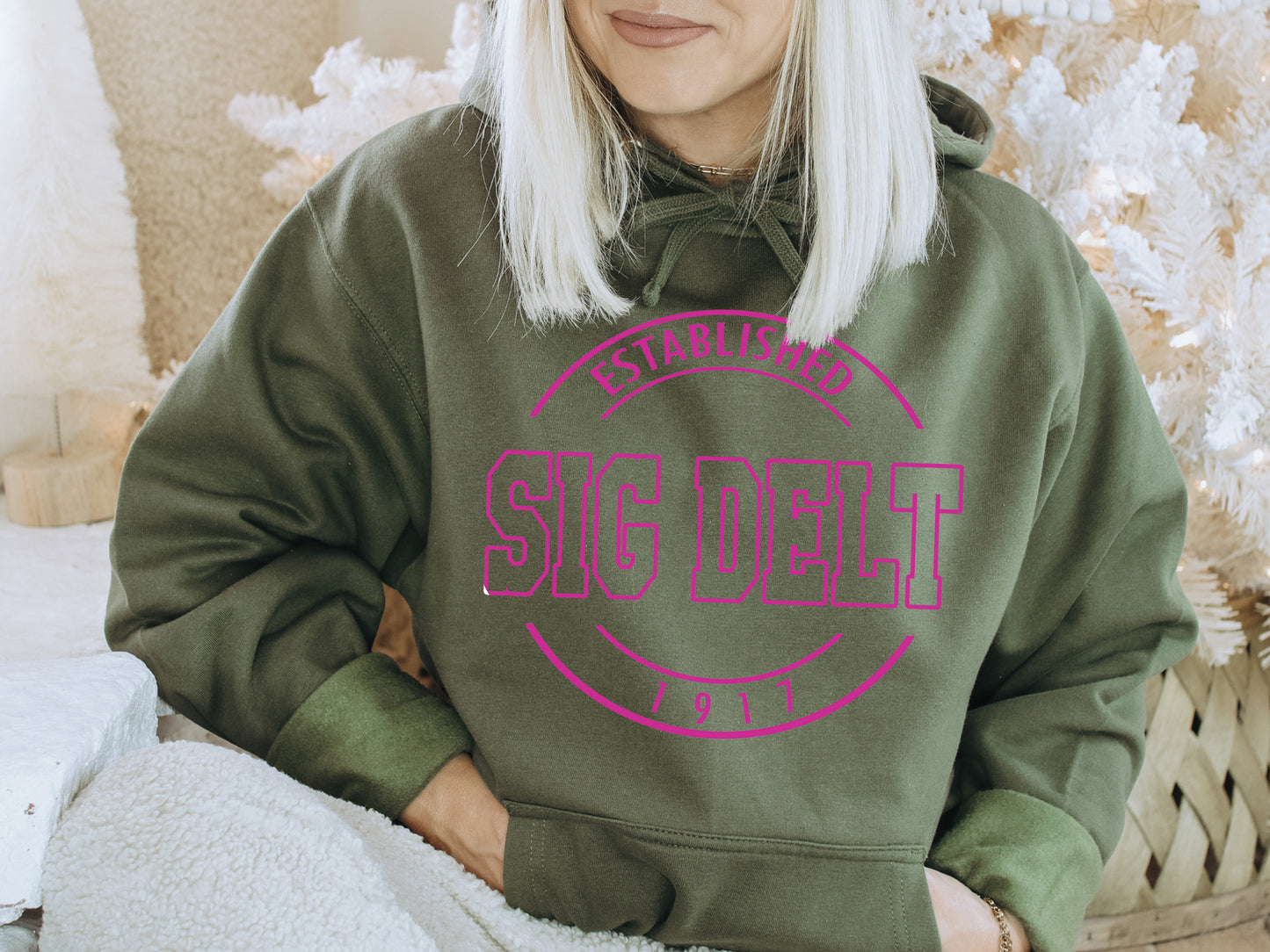 Sigma Delta Tau Pink Stamp Sorority Hoodie _ 72g