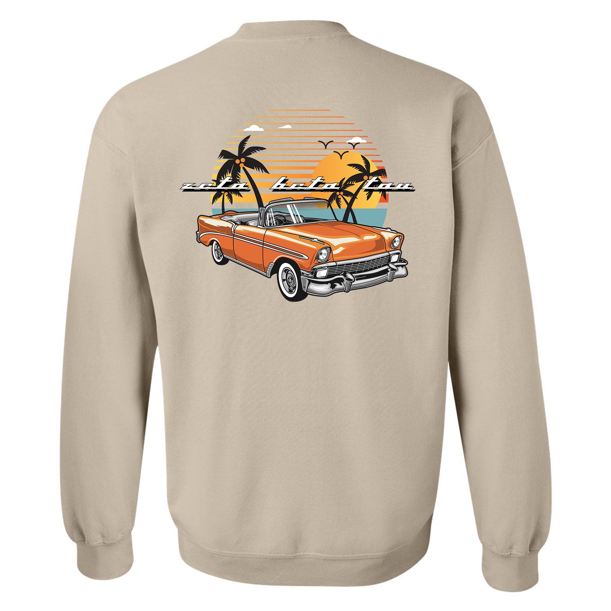 a tan sweatshirt with an orange car and palm trees