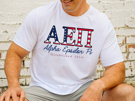 Alpha Epsilon Pi American Flag Letters Fraternity T-shirt _ 1155g
