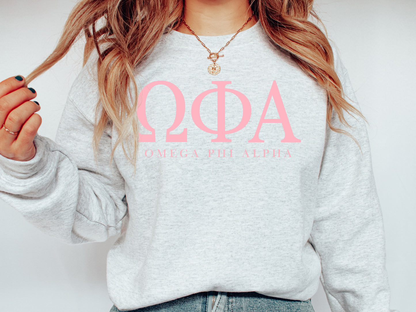 Omega Phi Alpha Pink Letter Sorority Sweatshirt _ 3488g