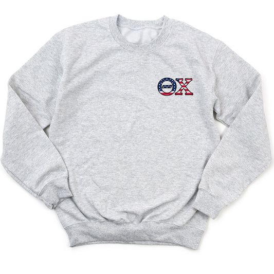 a grey sweatshirt with the letters xo on it
